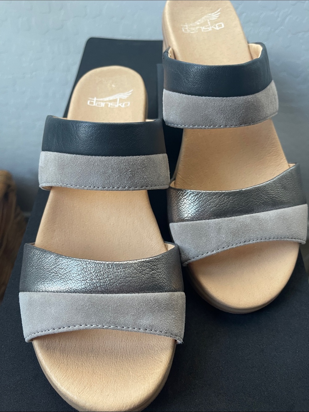 Dansko Women's Triple-Strap Slide Sandals in Black, Metallic and Gray